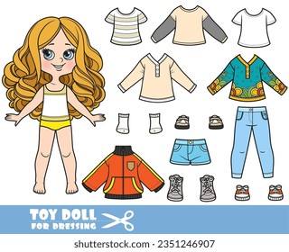 Cartoon girl  with big curls and clothes separately - long sleeve, shirts,tunic, shorts, sneakers, autumn jacket, boots, jeans and sneakers doll for dressing