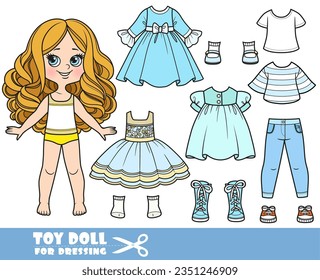 Cartoon girl  with big curls and clothes separately - summer dresses, sundress, shirts,sneakers, boots, jeans and sneakers doll for dressing