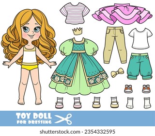 Chica de caricatura con grandes rizos y ropa por separado - vestido de princesa, corona, camisas, botas, jeans y zapatillas muñeca para vestir