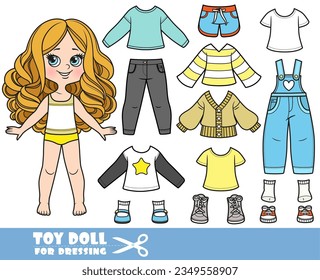 Cartoon girl  with big curls  nd clothes separately - long sleeve, shirts, denim overalls, warm jacket, sports shorts, boots, jeans and sneakers doll for dressing