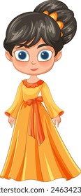 Cartoon girl with big eyes and orange dress