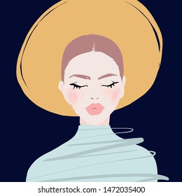 Cartoon girl in big hat. Woman face fashion sketch. Hand drawn illustration.