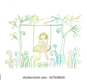 Cartoon girl and bird swinging on tree