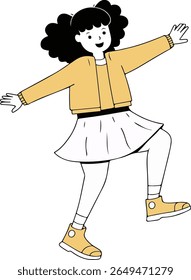 A cartoon girl with black curly hair, wearing a yellow jacket and white skirt, is depicted in a playful pose against a white background.
