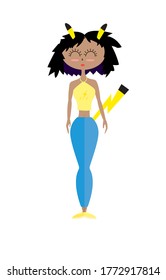 Cartoon girl with black hair, big ears and a ponytail
