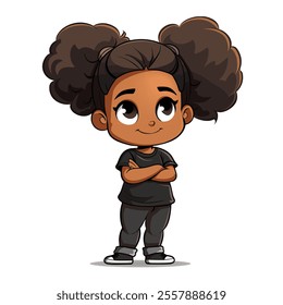 Cartoon girl with black hair and a black shirt is standing with her arms crossed. She has a smile on her face