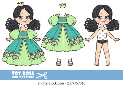 Cartoon girl with black ponytails hairstyle dressed and clothes separately - green ball dress, crown and sandals doll for dressing