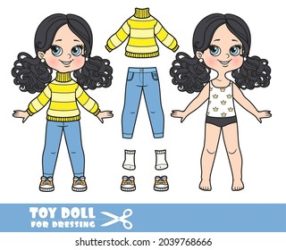 Cartoon girl with black ponytails hairstyle dressed and clothes separately - warm striped sweater, jeans and sneakers doll for dressing