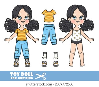 Cartoon girl with black ponytails hairstyle dressed and clothes separately -  t-shirt with a strips, denim breeches and sneakers doll for dressing 