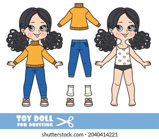 Cartoon girl with black ponytails hairstyle dressed and clothes separately - warm basic sweater, jeans and sneakers doll for dressing