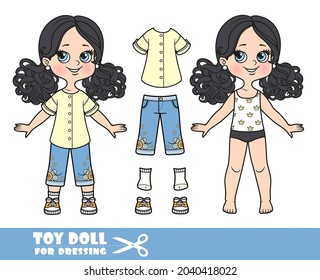 Cartoon girl with black ponytails hairstyle dressed and clothes separately - yellow long tunic and embroidered denim shorts, orange sneakers doll for dressing