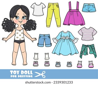 Cartoon girl with black ponytails hairstyle  and clothes separately - dress, jeans and boots doll for dressing 