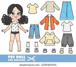 Cartoon girl with black ponytails hairstyle  and clothes separately - shirt, jeans and boots doll for dressing