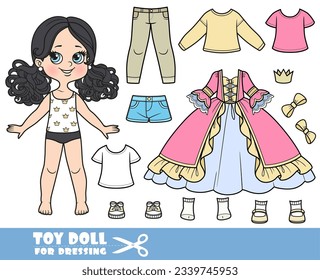 Cartoon-Mädchen mit schwarzen Ponylis, Haarstil und Kleidung einzeln - Prinzessin-Kugelkleid, Hemden, Jeans und Stiefel-Puppe zum Anziehen