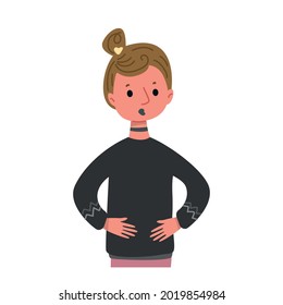 Cartoon girl in a black sweater and with black lipstick portrait. Cheerful funny avatar of a goth woman. Vector illustration of a character in a childish style. Isolated clipart on white background.