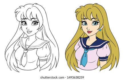 Cartoon girl with blonde hair in japanese school uniform. Hand drawn vector illustration. Contour picture for avatar, coloring book, mobile games etc.