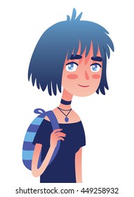 Cartoon girl with blue gradient hair and striped backpack in flat style isolated on a white background for your artwork or design. Smiling cute girl.