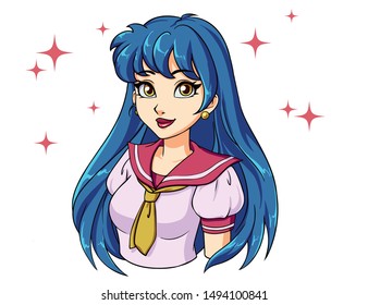 Cartoon girl with blue hair in japanese school uniform. Hand drawn vector illustration. Can be used for avatar, coloring book, mobile games etc.