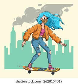 A cartoon girl with blue hair and a mask rides a skateboard in a polluted city.