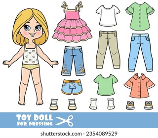 Cartoon girl with with bob hairstyle and clothes separately - sundress, shirts, shorts, jeans and sneakers doll for dressing