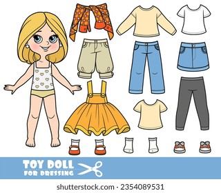 Caricaturista con peinado bob y ropa por separado - falda, manga larga, camisas, jeans y zapatillas muñeca para vestir