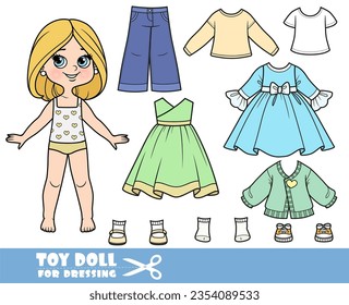 Cartoon girl with with bob hairstyle and clothes separately - dresses,  long sleeve, shirts, jeans and sneakers doll for dressing