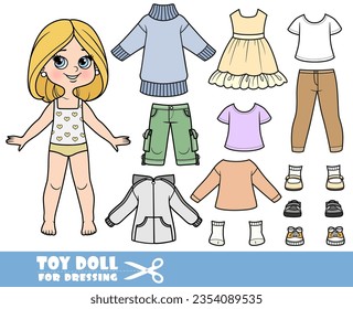 Chica de caricatura con peinado y ropa por separado - suéter, chaqueta, pantalones cortos, manga, jeans y zapatillas muñeca para vestir