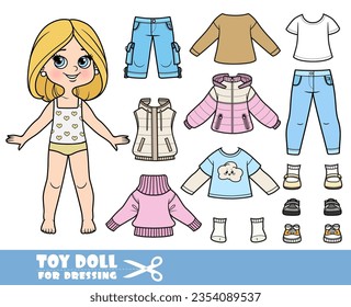 Chica de caricatura con peinado y ropa por separado - suéter, chaqueta acolchada, pantalones cortos, manga larga, camisas, jeans y zapatillas muñeca para vestir