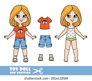 Cartoon girl with bob hairstyle in underwear , dressed and clothes separately -  t-shirt with a penguin, denim breeches and sandals doll for dressing