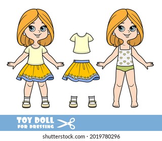 Cartoon girl with bob hairstyle in underwear ,dressed and clothes separately - yellow skirt with ornaments on the hem, T-shirt, beige sandals doll for dressing