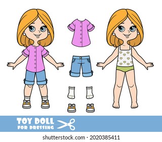 Cartoon girl with bob hairstyle in underwear ,dressed and clothes separately - pink tunic ,denim shorts and sneakers doll for dressing