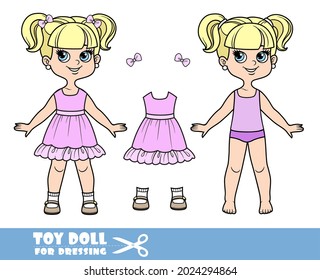 Cartoon girl with bob hairstyle in underwear , dressed and clothes separately -  t-shirt with a penguin, denim breeches and sandals doll for dressing