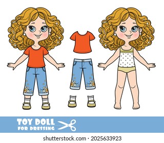 Cartoon girl with bob hairstyle in underwear , dressed and clothes separately -  t-shirt with a penguin, denim breeches and sandals doll for dressing
