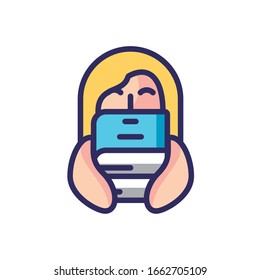 cartoon girl with books over white background, line and fill style icon, vector illustration