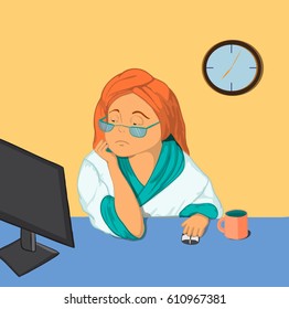 Cartoon girl with a bored expression, looking at the computer