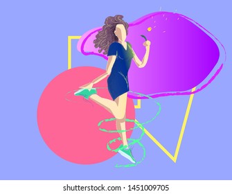 Cartoon girl bounces in the flower in her hands on the background of abstract figures in the style of flat