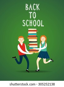 Cartoon girl and boy with books . Back to school vector illustration about education