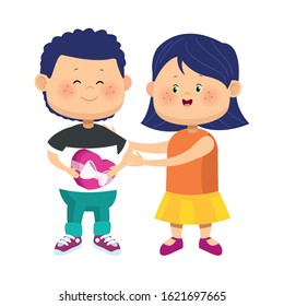 cartoon girl and boy with chocolate box over white background, colorful design, vector illustration