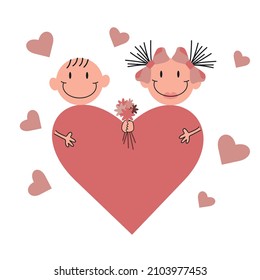 Cartoon girl and boy fall in love with each other. Bouquet of flowers and a huge heart, Valentine's day vector design concept. Love story of a couple in love.