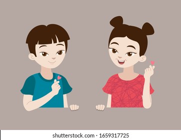 Cartoon girl and boy. Korea finger heart. K-pop. Vector illustration. Isolated on a background for banners.