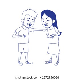 cartoon girl and boy laughing icon over white background, vector illustration