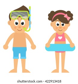 cartoon girl and boy at the sea set