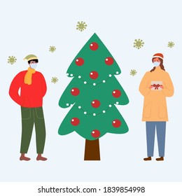 
Cartoon girl and boy wearing masks exchange gifts near a Christmas tree during a pandemic. Vector flat illustrations. New Year greetings to children in warm festive clothes. The concept of protection