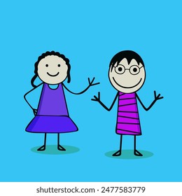 Cartoon Girl and Boy Wearing Stylish Clothes in the Mood of  Dancing and Playing.