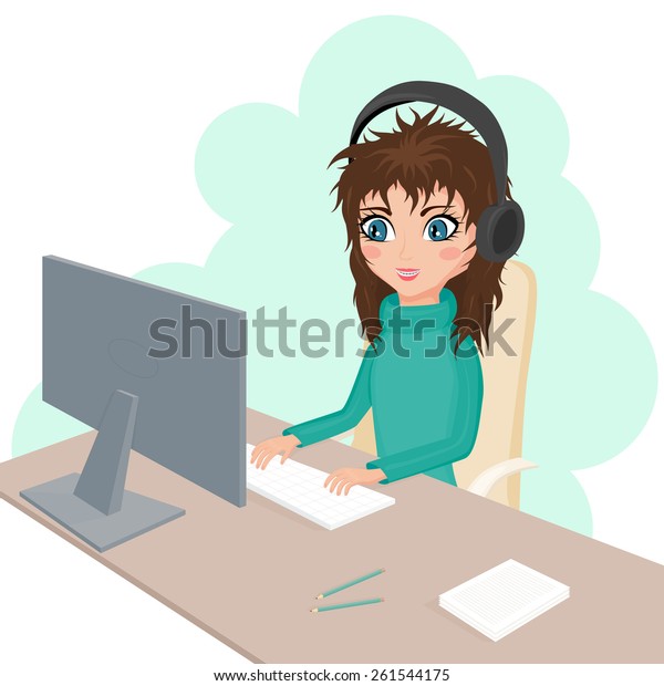 Cartoon Girl Brackets Working On Computer Stock Vector (Royalty Free ...