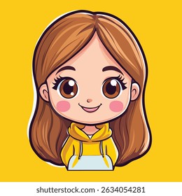 A cartoon girl with brown hair, big eyes, and a cheerful expression, wearing a yellow hoodie with a light blue bottom.