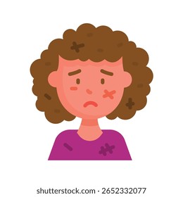 Garota Desenho Animado com contusões e arranhões, Brown Curly Hair e Pu