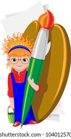 Cartoon girl with a brush, palette and paper
