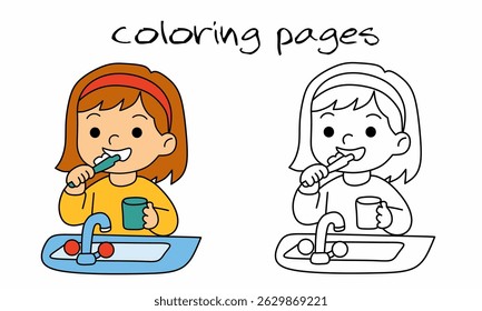 Cartoon Girl Brushing Teeth Coloring Page Dental Hygiene for Kids