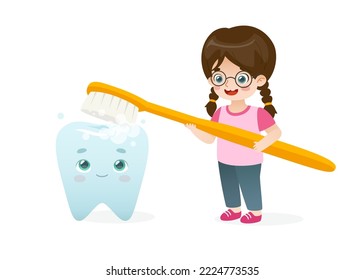 Cartoon girl brushing tooth with big toothbrush. Cute scene with kid brushing huge smiling tooth.